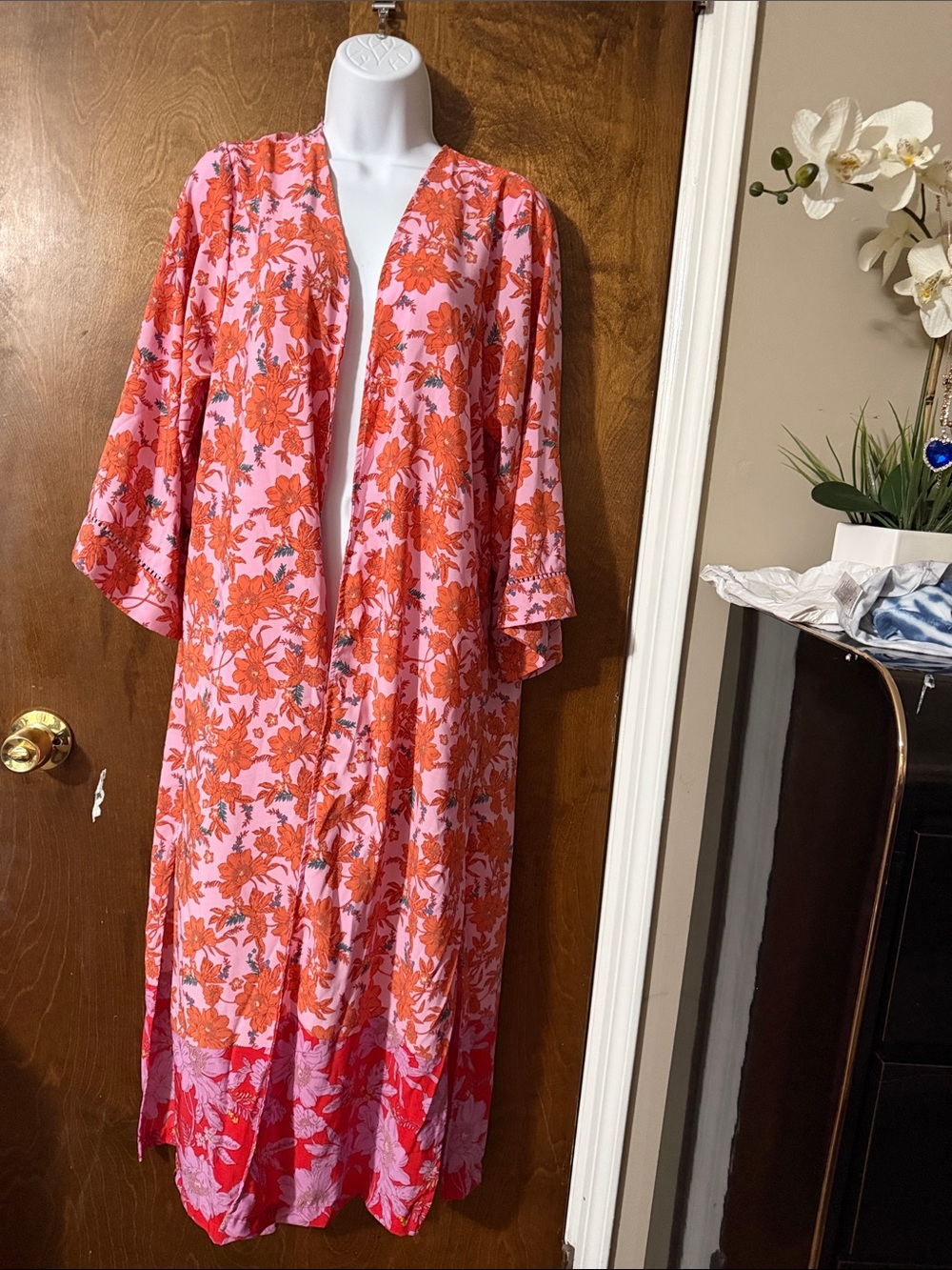 Jessica Simpson Pink & Orange Floral Long Kimono Coverup